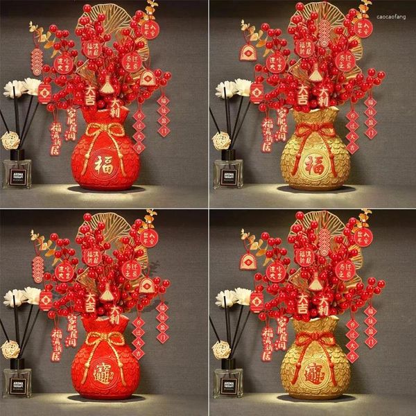 Декоративные цветы, украшение китайского года, красные фрукты удачи, искусственный золотой лист эвкалипта, счастливый цветок, сумка для денег, настольный бонсай