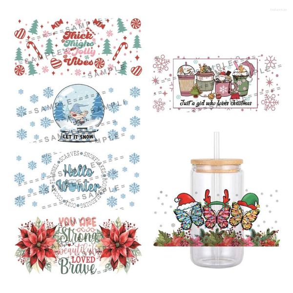 Confezione regalo Buon Natale Fiori Design Adesivo per trasferimento DTF UV Decalcomanie per trasferimenti impermeabili per adesivi per tazze di vetro da 16 once