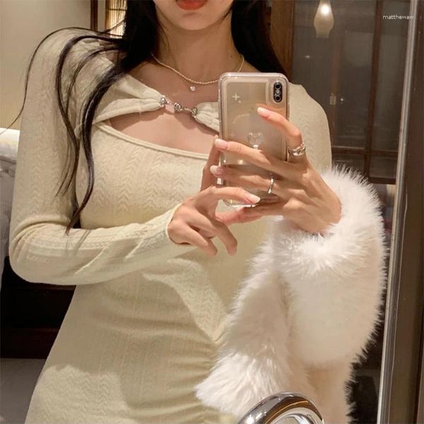 Vestidos casuais mulheres camisola manga longa vestido de malha 2024 outono branco quadrado-pescoço saia estilo coreano menina sexy