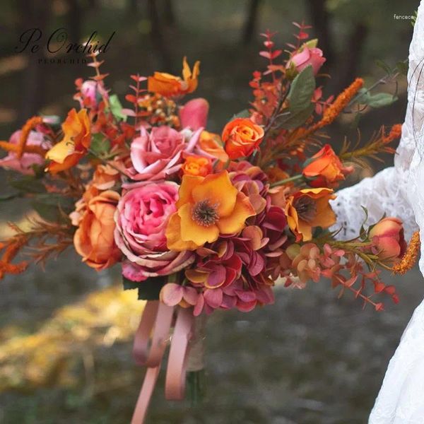 Flores de casamento peorquídea luxuoso buquê laranja chique artificial outono rosa falsa jogar fora buquê de noiva segurando flor 2024