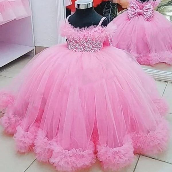 Mädchen Kleider Rosa Ballkleid Blume Puffy Schulterfrei Ärmellos Riemen Ausschnitt Kindergeburtstag Party Erstkommunion Kleid