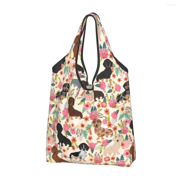 Borse per la spesa Stampa Kawaii Bassotto Motivi floreali per cani Tote Borsa a tracolla portatile Shopper con salsiccia di tasso