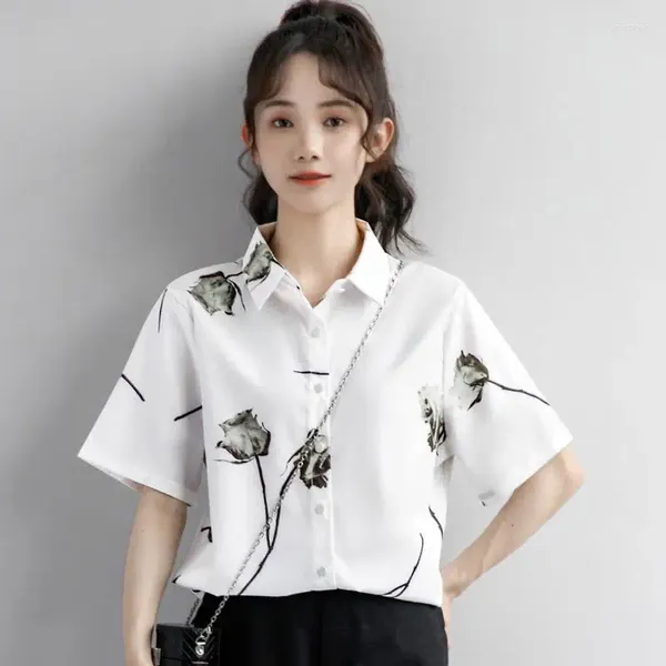 Blusas femininas flor impressa manga curta camisas polo roupas femininas soltas casual harajuku camisa branca blusa de verão topos lapela feminino