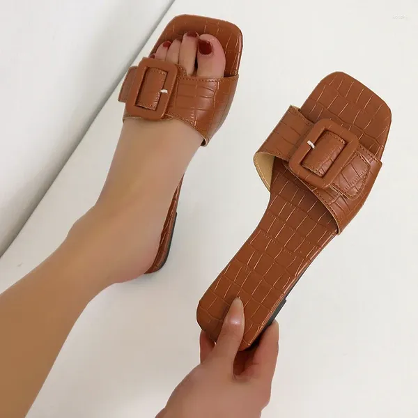 Тапочки, летние сандалии для женщин, 2024, дизайн с пряжкой и ремешком, женский пляж, плоский квадратный каблук, легкий каблук