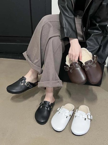 Chinelos redondos dedo do pé mulheres slides planos moda vestido sapatos preto branco marrom 2024 chegadas cinto fivela design escritório 39