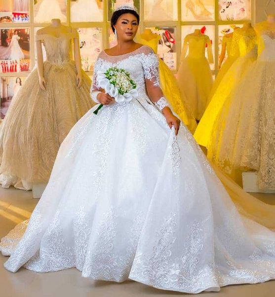 La migliore vendita Abito da sposa africano 2024 Scoop Perline Maniche lunghe Corte dei treni Applicazioni di pizzo Abiti da sposa Abiti da sposa Customed Vestido de Noivas