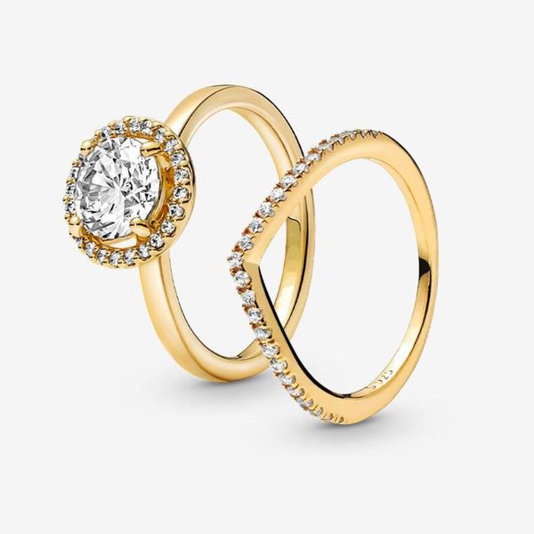 Anello in argento sterling 925 europeo al 100% con anello in oro scintillante con forcella per le donne Anelli di nozze Accessori per gioielli di moda3126