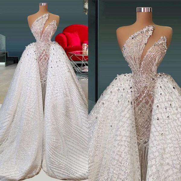 Stunningbride 2024 vestido de sereia de casamento requintado com trem destacável beading cristal vestido de noiva lantejoulas dubai vestidos feitos sob encomenda