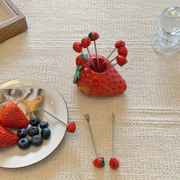 Set di stoviglie Forchetta da frutta in acciaio inossidabile a forma di fragola Casa Soggiorno Accessori da cucina per snack con torta carina per bambini