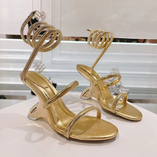 Nuovo Rene Caovilla moda Sandali con tacco metallico scolpito Pelle di metallo Designer di lusso Zeppa avvolgente alla caviglia Sandali da donna Scarpe eleganti Scarpe da sera Con scatola