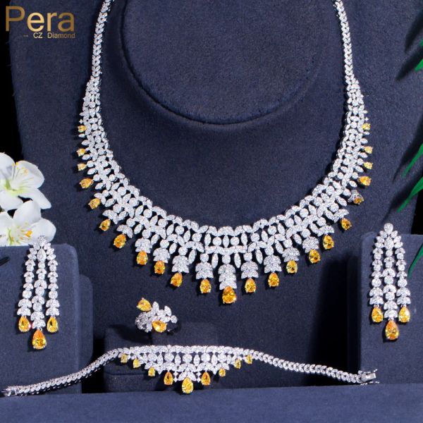 Ожерелья Pera дорогостоящий свадебный ювелирные изделия 4pcs Желто -белый каменной кисточник Cz Comply Drop Choker Senring