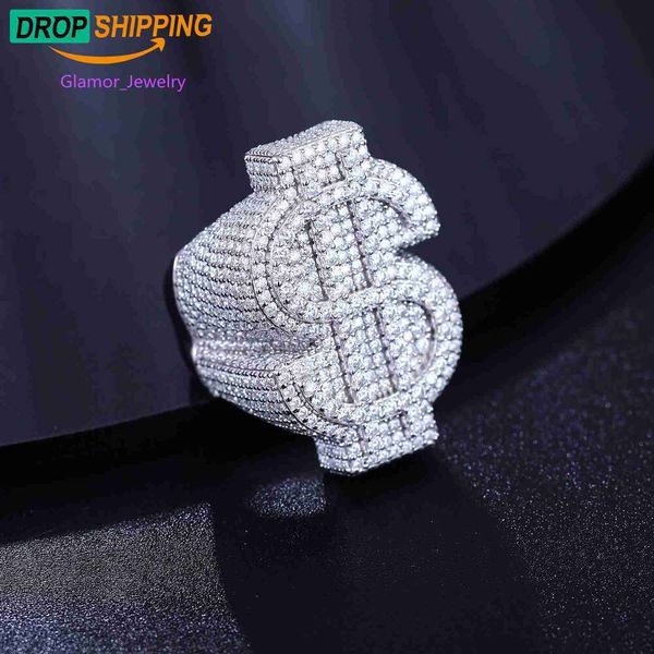 Dropshipping hip hop takı beyaz altın kaplama sterling sier vvs moissanit elmas buzlu erkekler için dolar yüzük