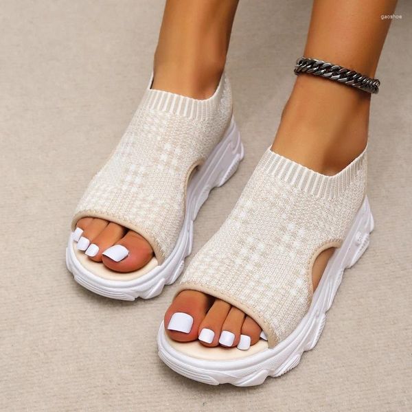 Sandalen frauen 2024 Sommer Keilabsatz Elastische Tuch Abdeckung Fuß Damen Dicken sohlen Mode Lässig Weiblichen Turnschuhe