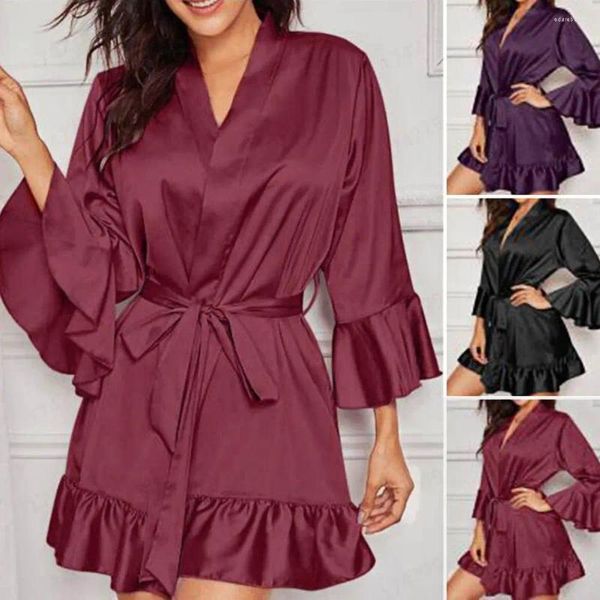 Mulheres sleepwear mulheres pijamas cardigan sedoso acima do joelho mangas compridas dormir vestes cetim cintura apertada rendas até senhora vestido para quarto