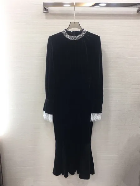 Vestidos casuais 2024 moda feminina de mangas compridas stand-up colarinho frisado laço emenda fishtail pêndulo vestido longo 1211