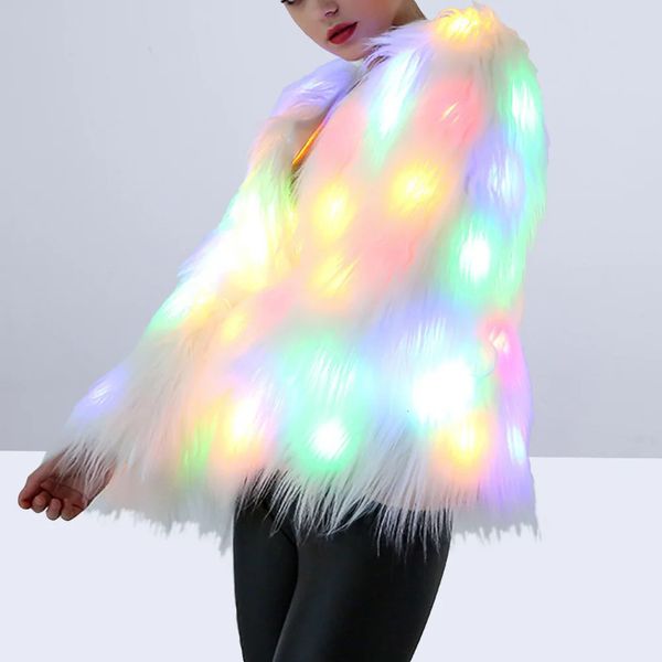 Feminino led casaco de pele trajes palco executar boate iluminar costage natal luminosa jaquetas pele outwear 240122