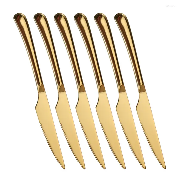 Facas 6 Pçs / set Faca de Bife de Aço Inoxidável com Punho Longo Chapeamento de Titânio Jantar de Ouro Luxuoso Talheres Ocidentais