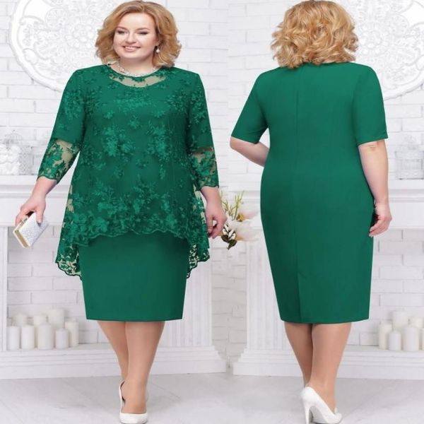 Plus size mãe da noiva vestidos de duas peças bainha applique renda vestido de convidado de casamento comprimento do chá vestidos de noite de verão 2676