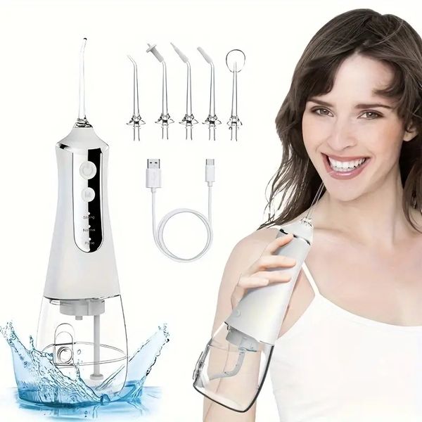 Dentes de fio dental de água, irrigador oral portátil sem fio, fio dental de água poderoso e recarregável para dentes, palhetas dentárias de água à prova d'água para limpeza, quartzo rosa