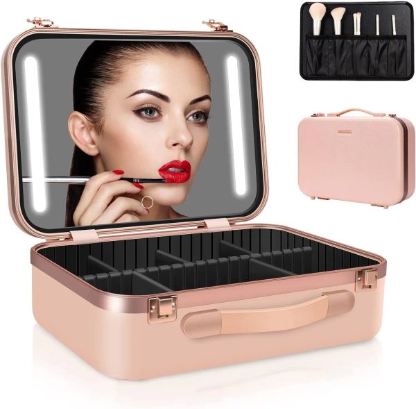 Spiegel Make -up -Reise -Beleuchtung mit großem LED -Spiegel -Koisor -Beutel -Organizer Professionell einstellbarer Teiler Speicher Wasserdicht