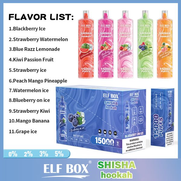 Elf Box Shisha Hookah Puff 15000 Coil de malha de vape descartável 650mAh tipo C 25 ml Preenchimento preenchido 12 sabores vape caneta Puff 15k e cigarro vs randm tornado 12k