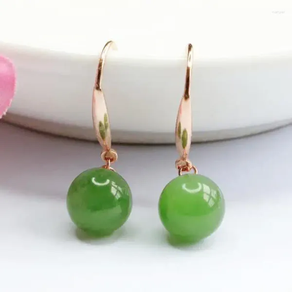 Orecchini pendenti Nefrite naturale Sfera di giada verde S925 Argento sterling Hetian Giade Perline rotonde Gioielli da donna in oro rosa