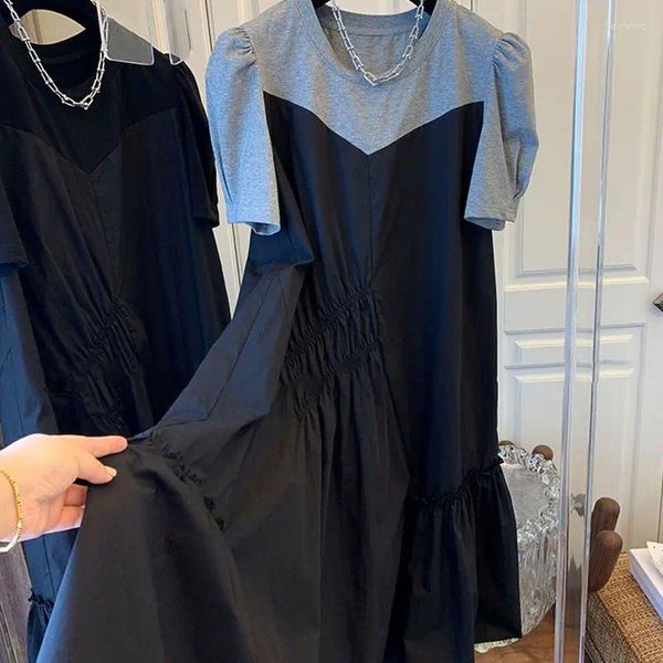 Vestidos casuais vestido de verão vestidos elegantes para mujer 2024 clube bolha manga retalhos preto cinza plissado plissado curto t-shirts