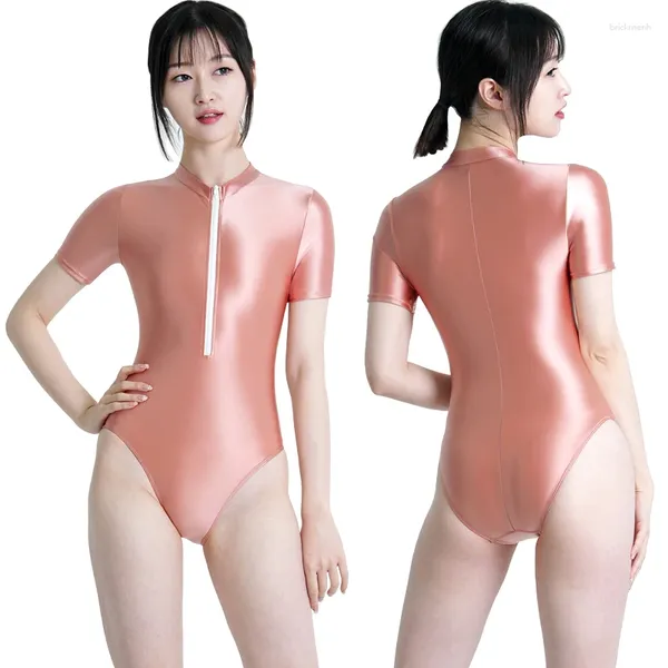 Damen-Badebekleidung, sexy, glänzende Satin-Strumpfhose, glatter Frontreißverschluss, kurze Ärmel, ölige hohe Gabel, einteiliger Badeanzug, glänzender Yoga-Sportbekleidungs-Bodysuit