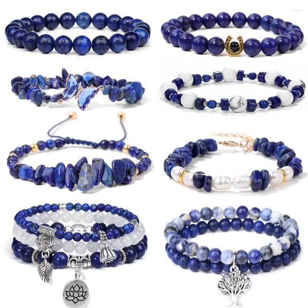 Bracciale con perline di lapislazzuli naturali, ciondolo in pietra blu con chip irregolare, braccialetto elasticizzato per mediazione, regalo di gioielli per yoga