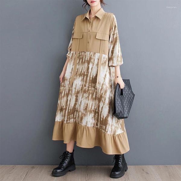 Casual Kleider Korea Safari Stil Patchwork Druck Chic Herbst Bluse Kleid Büro Dame Outwear Arbeit Mode Frauen Rüschen