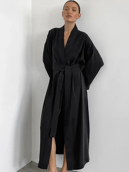 Vêtements de nuit pour femmes Restve Robes noires pour femmes lâches manches longues ceintures décontractées peignoir femme élégante coton vêtements de nuit printemps 2024