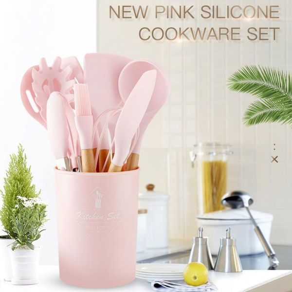 Set di strumenti da cucina rosa Set di utensili in silicone premium Pinze per tornitore Spatola Cucchiaio da zuppa Pala antiaderente Pennello per olio Attrezzo da cucina C0927301x
