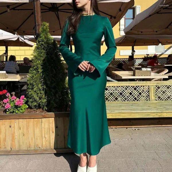 Abiti casual Abito da donna in spandex di poliestere tinta unita elegante per maxi ufficio primaverile a maniche lunghe da donna alla moda