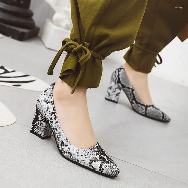 Отсуть обувь Spring 2024 Snake Skin Print Sexy High Heels Women Womers Square Toe Corxing Block Heel Высота 7,5 см плюс размер 45