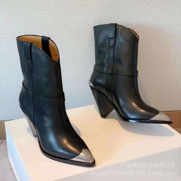Дизайнерская повседневная обувь на высоком каблуке с коническим каблуком и заостренным женским характером, женские ботинки большого размера с железной головой, низкие бочонки