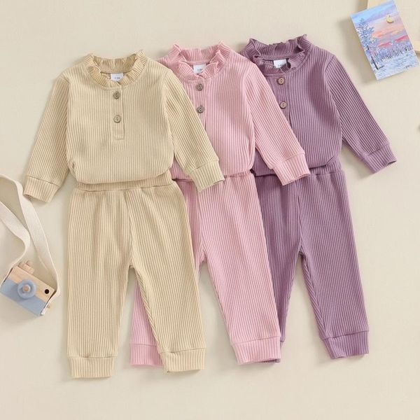 Set di abbigliamento Tute per neonata Autunno Primavera Pagliaccetto a maniche lunghe con volant arruffato Pantaloni in vita elastica Capispalla per bambini Bambini