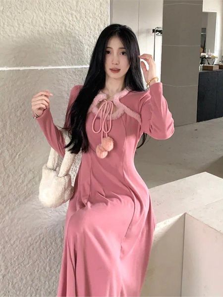 Casual Kleider Frauen Rosa Elegante Koreanische Stil Mode High Street Hepburn Gestrickte Est Pullover Spitze-up Ins 2024 Herbst winter