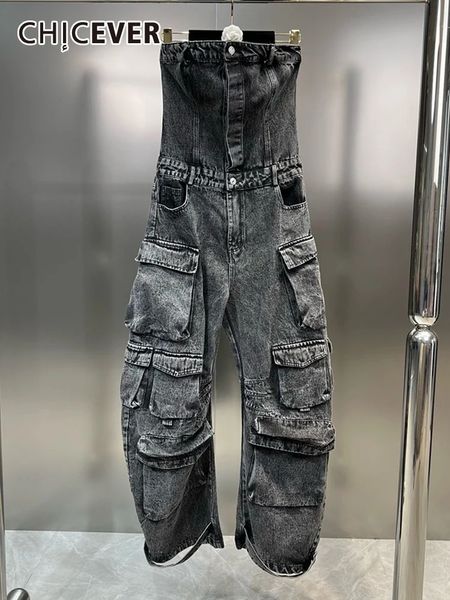 Chiever streetwear denim macacões para mulheres sem alças sem mangas fora do ombro cintura alta calças de carga y2k estilo macacão feminino 240125