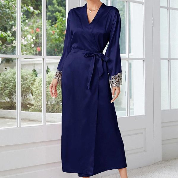 Mulheres sleepwear longo laço com cinto robe confortável fino cetim camisola aberta frente roupão outono e inverno roupas macias