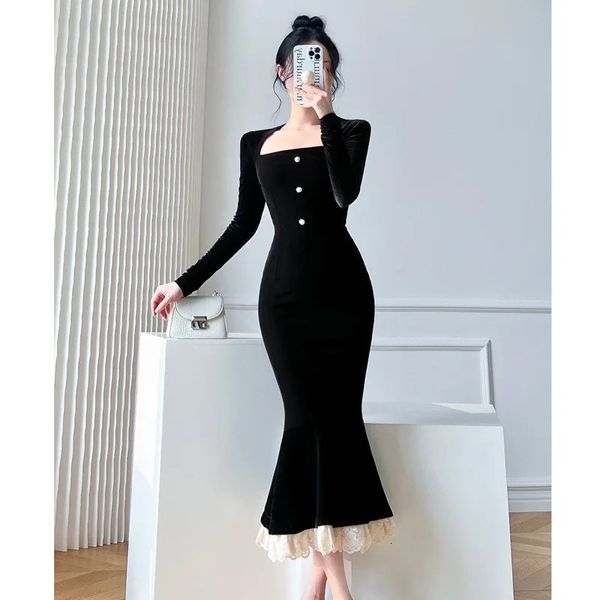 Hochwertiges schwarzes Kleid im französischen Stil, Temperament für Damen, schwarzes Rollkragenkleid im Hepburn-Stil für Damen, Herbst, Koreanisch 240126