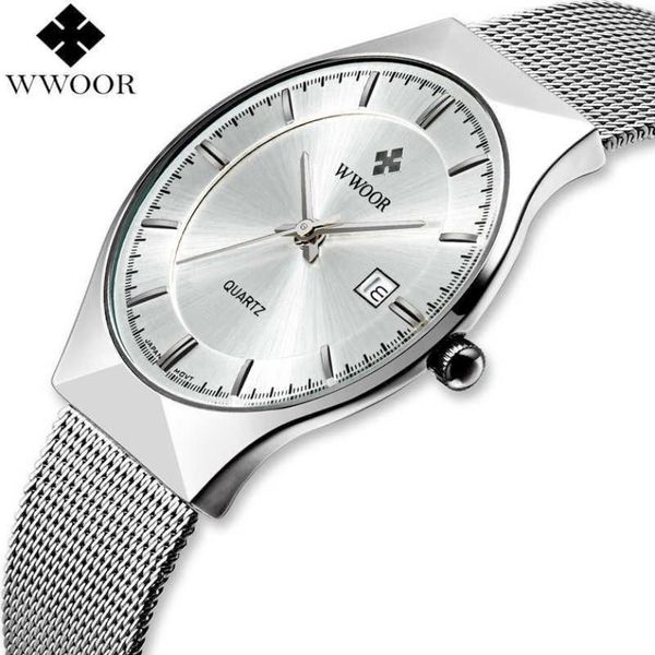 WWOOR Брендовые мужские часы Кварцевые аналоговые часы с датой Японский механизм Ультратонкие водонепроницаемые стальные сетчатые тонкие мужские наручные часы Серебристые для мужчин X0274B