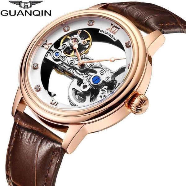 Guanqin Yeni Aydınlık Saat Tourbillon İskelet Otomatik Erkekler Spor Mekanik Saat Erkekler Su Geçirmez Altın Relogio Maskulino3038