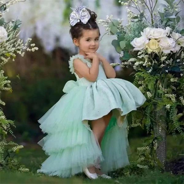 Vestidos de menina verde menta com babados altos e baixos, sem mangas, flor em camadas, para casamentos, vestido de festa de bebê, vestidos de aniversário