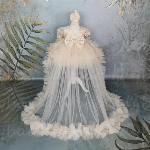 Vestidos da menina adorável fofo tule renda apliques sem mangas com arco flor vestido para casamento brilho criança aniversário comunhão vestidos de baile