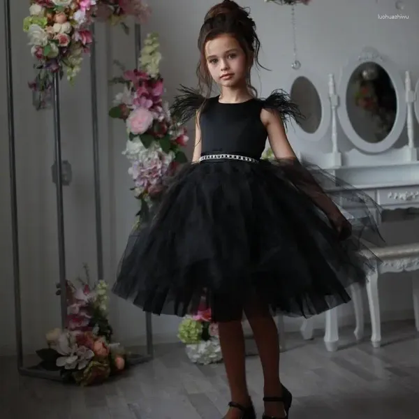 Vestidos da menina preto tule penas macias miçangas na altura do joelho sem mangas vestido de flor para casamento princesa crianças primeira comunhão vestido de baile