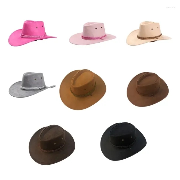 Boinas Faux Suede Cowboy Hat Cowgirl com corda à prova de vento para escalar