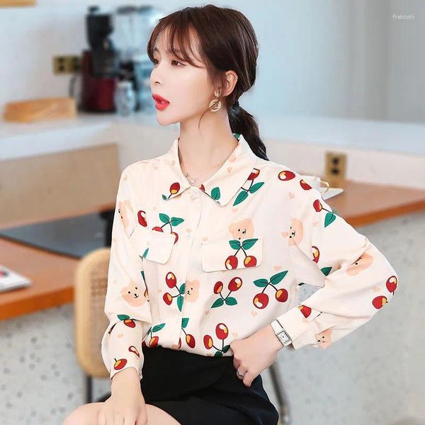 Blusas femininas camisa coreana manga longa solta gola virada para baixo bonito fruta impressão moda mulher 2024 roupas femininas