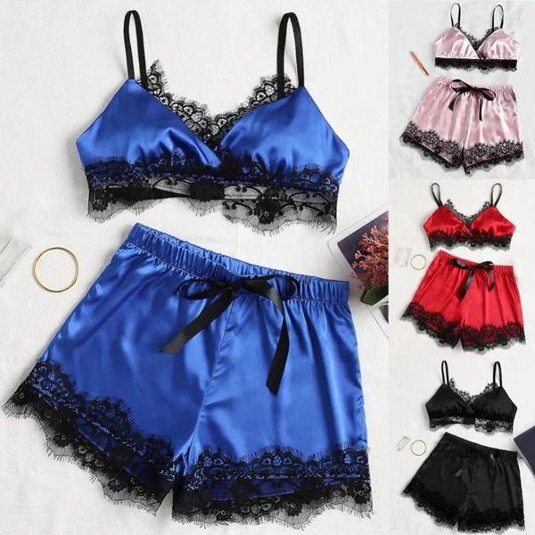 Mulheres sleepwear mulheres sexy laço retalhos conjunto espaguete cintas sutiã elástico arco shorts pijamas lingerie roupão de seda cetim nightwear