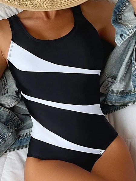 Mulheres Swimwear Vigoashely 2024 Sexy Stripe High Cut para Mulheres Push Up Straps One Piece Swimsuit Backless Verão Praia Banheira Terno