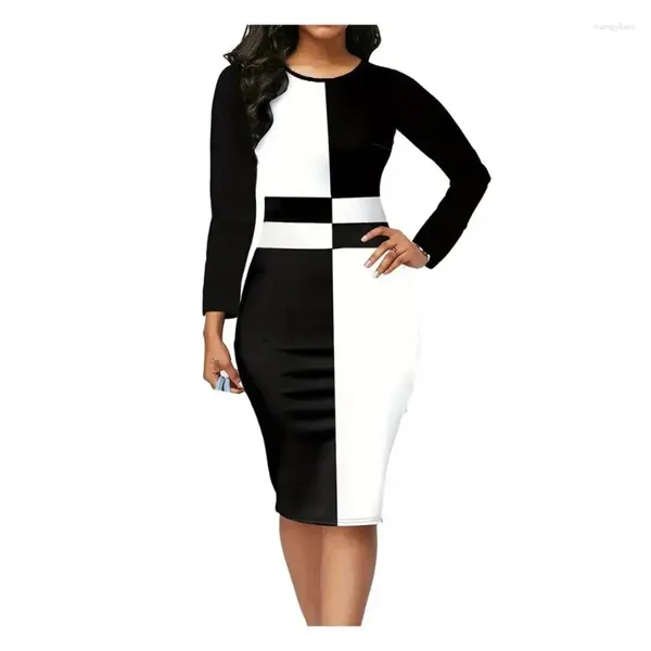 Casual Kleider Slim Fit Plissee Kleid Elegantes Colorblock Langarm Midi Für Frauen Mantel Hohe Taille Pendeln Formale Knielange